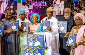 70th Birthday: Governors, Others Storm Ibadan To Celebrate APC’s Ayo Afolabi L-R: Oyo State Governor, Senator Abiola Ajimobi; Celebrator/Publicity Secretary, All Progressives Congress (Southwest), Mr. Ayo Afolabi; his Wife, Abosede; Minister of Mines and Steel Development, Dr. Kayode Fayemi; Ondo State Governor, Mr. Rotimi Akeredolu; and Ogun State Deputy Governor, Mrs. Yetunde Onanuga, during a lecture to mark the 70th birthday of Afolabi, organised by committee of friends, in Ibadan...