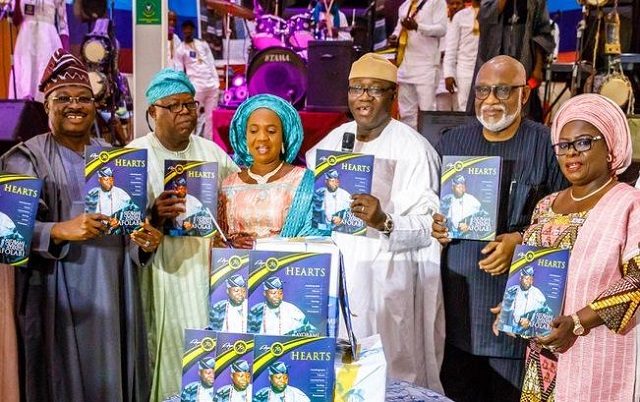 L-R: Oyo State Governor, Senator Abiola Ajimobi; Celebrator/Publicity Secretary, All Progressives Congress (Southwest), Mr. Ayo Afolabi; his Wife, Abosede; Minister of Mines and Steel Development, Dr. Kayode Fayemi; Ondo State Governor, Mr. Rotimi Akeredolu; and Ogun State Deputy Governor, Mrs. Yetunde Onanuga, during a lecture to mark the 70th birthday of Afolabi, organised by committee of friends, in Ibadan...