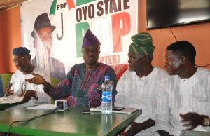 Oyo PDP Crisis Escalates As Seyi Makinde’s Faction Kicks Against Ladoja’s L-R: Former deputy governor Alhaji Hazeem Gbolarumi, Former deputy Chief Whip of the Senate, Senator Hosea Ayoola Agboola, Prince Dotun Oyelade and Hon Dare Adeleke at the Press Conference in Ibadan on Tuesday…