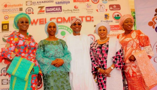 Governor State of Osun, Ogbeni Rauf Aregbesola (middle), Wife of Vice president of Nigeria, Mrs Dolapo Osinbajo (2nd left), Wife of Osun Governor, Mrs Sherifat Aregbesola (2nd right), wife of Lagos State Governor Mrs Bolanle Amobode (right) and wife of Ekiti, Mrs Feyisara Fayose (left), during opening ceremony…