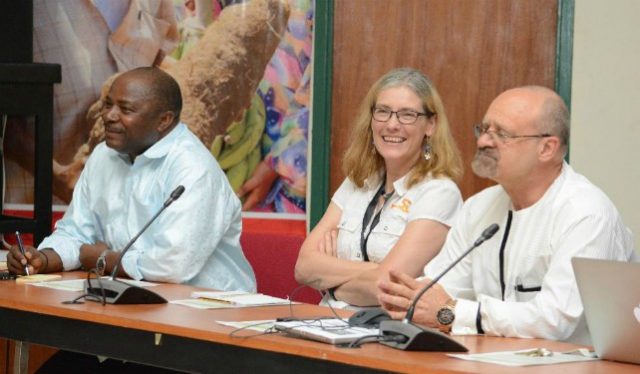 L-R: The Director General of IITA, Dr Nteranya Sanginga; Deputy Director General (Corporate Services), Ms. Hilde Koper; Deputy Director General (Partnership for Delivery), Dr Kenton Dashiell during a conference research-for-development in IITA-Ibadan