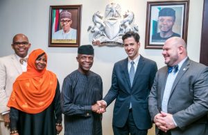 Photo: When Osinbajo Met International Republican Institute Topshots VP Osinbajo in an handshake with Daniel Twinning, President of the International Republican Institute shortly after the meeting flanked by John Tomazewski, Africa Regional Director of IRI; Sentelle Barnes, Resident Prog. Dir; (extreme left) and Husna Hassan, Resident Prog. officer…
