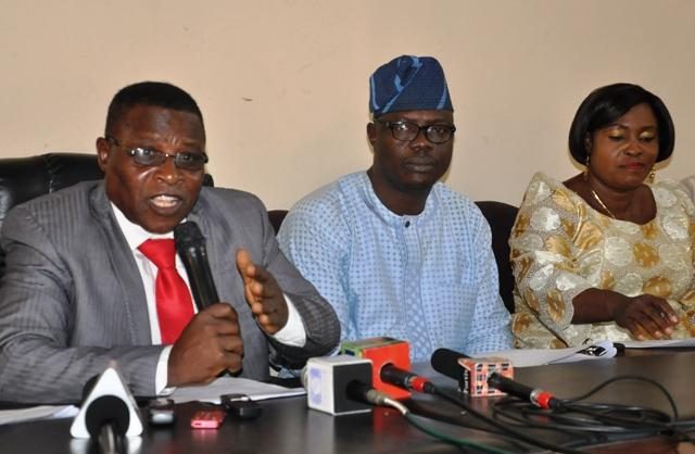 From the left, Chairman Oyo State Independent Electoral Commission (OYSIEC), Mr John Olajide Ajeigbe, with the electoral commissioner, Mr Sunday Adeola and Mrs Omolola Odekunbi during the Press Conference held at the commission’s Agodi, Ibadan office…