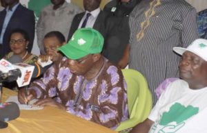 Obasanjo Launches Coalition For Nigeria Movement, Promises To Withdraw If Body Veers Into Politics Chief Olusegun Obasanjo filling his membership form, while former Osun State Governor Prince Olagunsoye Oyinlola (right), former Cross River State governor, Mr Donald Duke and former State of Defence Minister, Mrs Modupe Adelaja look on, on Thursday, February 1, 2018