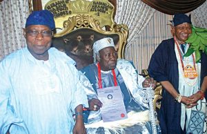 Nobody Could Have Stopped Obasanjo If He Had Wanted ‘Third Term In Office’ – Close Aide, Olakojo ...Chief Olayiwola Olakojo, right, when he was recently honored with a chieftaincy title by the Olubadan of Ibadanland, Oba Saliu Adetunji (middle)...left is Chief Olusegun Obasanjo...(guardian.ng photo)