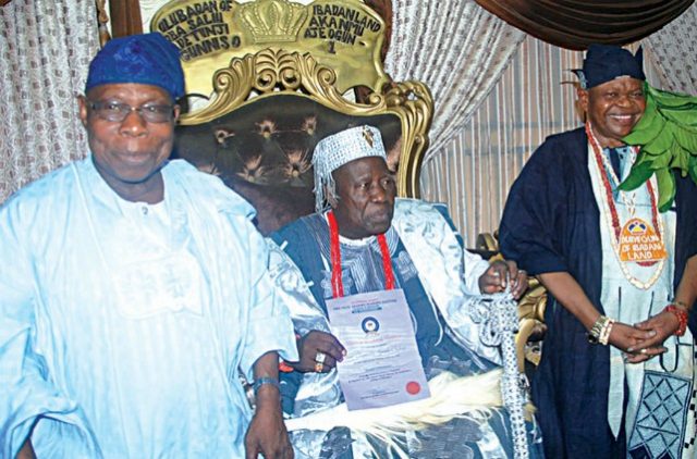 ...Chief Olayiwola Olakojo, right, when he was recently honored with a chieftaincy title by the Olubadan of Ibadanland, Oba Saliu Adetunji (middle)...left is Chief Olusegun Obasanjo...(guardian.ng photo)