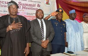 Photo: Oyo Holds Security Summit/Town Hall Meeting L-R: The Deputy Governor of Oyo State, Chief Moses Adeyemo, Chairman, Oyo state Security Trust Fund, Chief Bayo Adelabu, Commamder, Air force Base, Ibadan, Air Cdr. Razak Shittu, Oyo state Director, DSS, Mr Abdullahi Kure and Oyo SSG, Alh. Olalekan Alli at the event…
