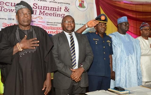 L-R: The Deputy Governor of Oyo State, Chief Moses Adeyemo, Chairman, Oyo state Security Trust Fund, Chief Bayo Adelabu, Commamder, Air force Base, Ibadan, Air Cdr. Razak Shittu, Oyo state Director, DSS, Mr Abdullahi Kure and Oyo SSG, Alh. Olalekan Alli at the event…