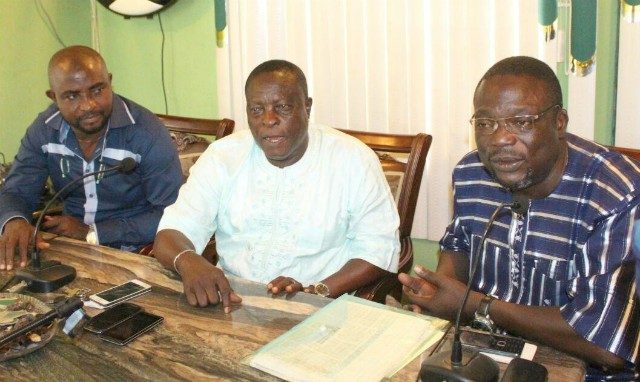 …The President General of the Nigerian Football and Other Sport Supporters Club, Dr. Rafiu Ladipo (middle) Secretary Nigeria of Nigerian Boxing Board of Control (NBB of C) Remi Aboderin (left) and Chairman, Oyo State Amateur Boxing Association (OSABA) Chief Baron Akintunde Opaleye (right) discussing the development of boxing...