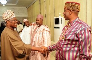 Photo: Amaechi, Kano, Jigawa Governors Visit Ajimobi L-R: Oyo State Governor, Senator Abiola Ajimobi; Kano State Governor, Dr. Abdullahi Ganduje; their Jigawa State counterpart, Alhaji Badaru Abubakar; and Minister of Transport, Hon. Rotimi Amaechi, during the visit…
