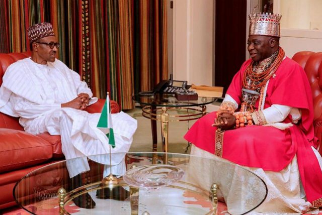 President Muhammadu Buhari, left, with the Olu Of Warri, His Royal Majesty Ogiame Ikenwoli