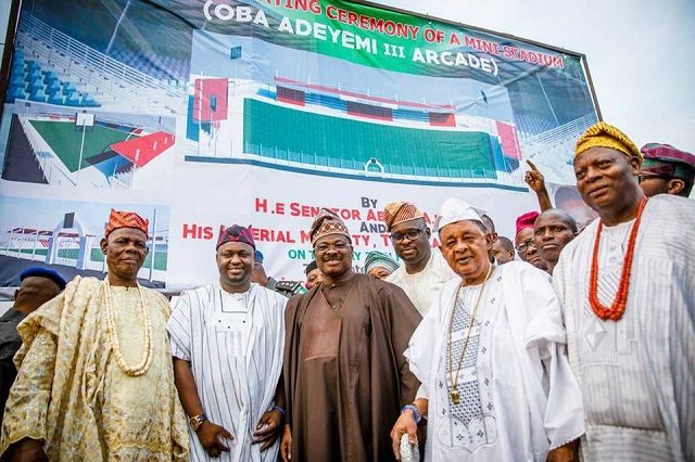 Governor Abiola Ajimobi, middle, with the Alaafin and others at the event...