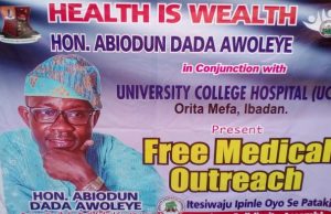 Hon Awoleye Stages Free Medical Outreach For Oyo People Hon Abiodun Dada Awoleye's banner at one of the venues of the free health service...