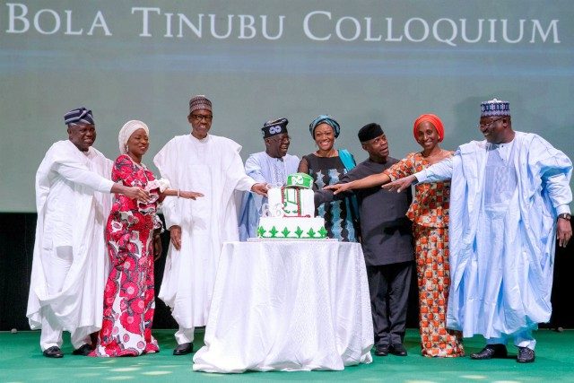 President Muhammadu Buhari and others celebrating with Senator Bola Tinubu at the occasion...
