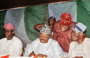 May 12 Council Polls: Oyo APC Deploys ‘Consensus’ To Select Candidates L-R: Speaker, Oyo State House of Assembly, Hon. Michael Adeyemo; Governor, Senator Abiola Ajimobi; Special Adviser to the governor on Economic Planning and Budget, Dr. Isiaka Kolawole; and State Chairman of the All Progressives Congress, Chief Akin Oke, during the party's indirect primaries
