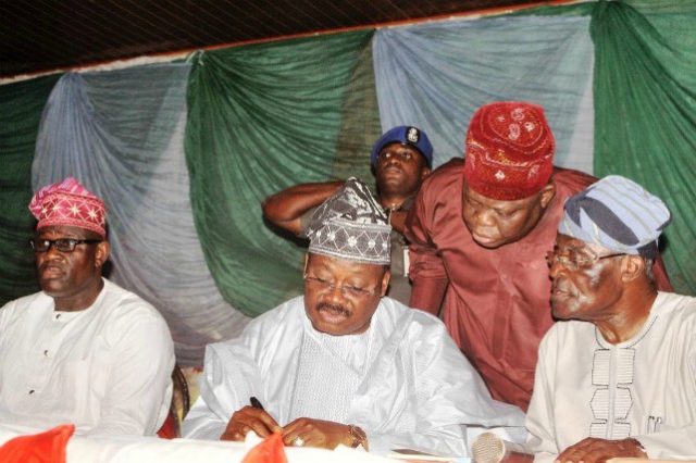 L-R: Speaker, Oyo State House of Assembly, Hon. Michael Adeyemo; Governor, Senator Abiola Ajimobi; Special Adviser to the governor on Economic Planning and Budget, Dr. Isiaka Kolawole; and State Chairman of the All Progressives Congress, Chief Akin Oke, during the party's indirect primaries