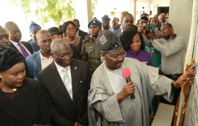 L-R: Deputy Chief Registrar, Oyo State High Court, Mrs. Safiyat Oyediran; Chief Judge, Justice Munta Abimbola; and Governor, Senator Abiola Ajimobi, during the inauguration of the Multi-door Court House, at the High Court premises, in Ibadan... on Tuesday…