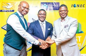 Rural Banking Services: NIPOST, Keystone Bank Partner Managing Director/Chief Executive Officer, I-One-C, Kelechi Dozie(left); Group Managing Director/Chief Executive Officer, Keystone Bank Limited, Obeahon Ohiwerei, Barrister, Bisi Adegbuyi Postmaster General/Chief Executive Officer NIPOST, at the launch of Keyserv-NIPOST Agency Banking – A Financial Inclusion Partnership In Lagos.