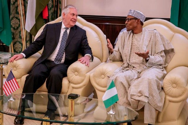 President Muhammadu Buhari, right, with the American Secretary of State, Rex Tillerson...in Abuja...