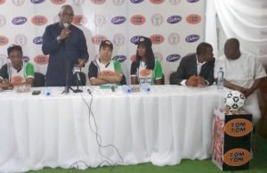 NFF Sign New 3-Year Tom Tom Deal NFF's Amaju Pinnick addressing others at the event...