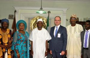 Photo: French Development Agency Boss Visits Aregbesola The governor of Osun State, Ogbeni Rauf Aregbesola (3rd left); his deputy, Mrs Titi Laoye-Tomori (2nd left); Country Director, French Development Agency (AFD), Olivier Delefosse (3rd right); Secretary to the State Government, Alhaji Moshood Adeoti (2nd right); Senior Technical Adviser to the Governor on Development Partners and Int-Relations, Dr Michael Olugbile (right); the Orangun of Oke-ila, Oba (Dr.) Adebokun Abolarin (left), during the visit…