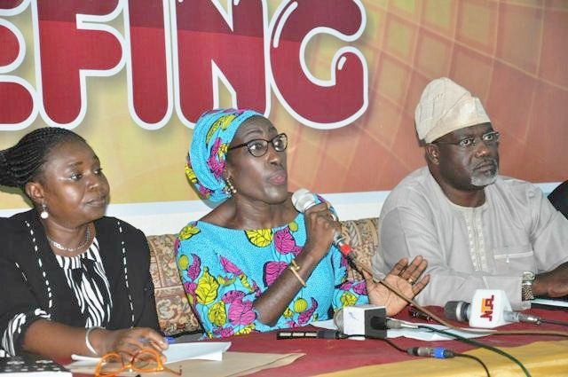 L-R: Acting Permanent Secretary Ministry of Women Affairs, Community Development, Social Welfare and Poverty Alleviation, Mrs Christianah Abioye, Commissioner of the Ministry, Mrs Tinuke Osunkoya and Commissioner of Information, Culture and Tourism during the press conference on this year 2018 International Women’s Day Celebration held at Film Theatre, Ministry of Information Secretariat, Ibadan
