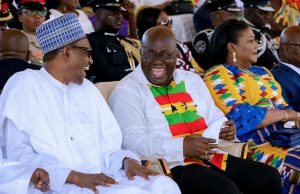 Buhari In Ghana, Hails African Democratic Drive President Muhammadu Buhari, left, with Ghanaian leaders in Ghana...on Tuesday...