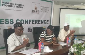 NFF’s Amaju Pinnick Storms Ibadan To Unveil Odua Football League Logo L-R: DAWN Commisson's Seye Oyeleye, Amaju Pinnick and Barrister Seyi Akinwunmi at the event...