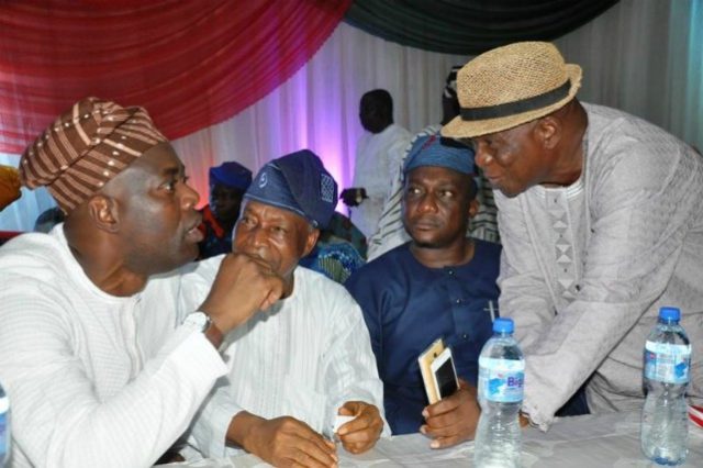From left, Oyo State Peoples Democratic Party (PDP) gubernatorial aspirant, Engr Seyi Makinde, Chief Jacob Ayetoro, chairman of all PDP party chairmen’s in 33 local government in Oyo State, Prince Seun Morohunfolu and Chief Bayo Lawal during the interactive session...