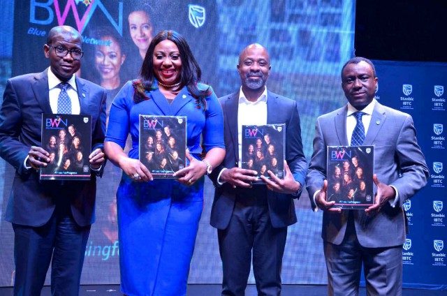 L-R: Chief Executive, Stanbic IBTC Holdings PLC, Mr Yinka Sanni; Chief Executive, Stanbic IBTC Trustees Limited, Binta Max-Gbinije; Head, Credit, Corporate and Transactional Banking, Stanbic IBTC Bank, Mr Kola Lawal; and Chief Executive, Stanbic IBTC Bank PLC, Dr Demola Sogunle, at the launch of Stanbic IBTC Blue Women Network magazine in Lagos, recently…