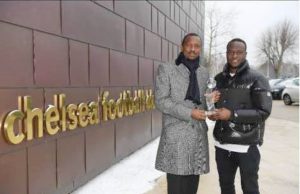 Aiteo/NFF Award: Moses Appreciative, Delighted Shehu Dikko, left, presents Victor Moses with his gong...
