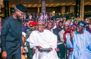 Those Who Looted Nigeria Must Be Held Accountable – Osinbajo L-R: Professor Yemi Osinbajo, President Muhammadu Buhari and the celebrant, Senator Bola Tinubu...at the event...