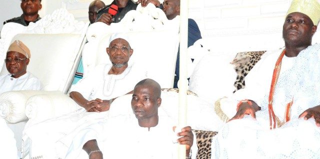 R-L: The Ooni of Ife, Oba Adeyeye Enitan, Governor Rauf Aregbesola and his Chief of Staff, Alhaji Gboyega Oyetola, during the governors visit to Ife, (North, East, South and Central) Federal Constituency, in Ile-Ife…