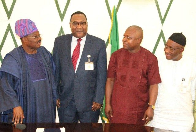 L-R: Oyo State Governor, Senator Abiola Ajimobi; Executive Secretary/CEO, Nigerian Shippers' Council; Mr. Hassan Bello; Director, Inland Transport Services, Mr. Akintunde Makinde; and Director, Special Duties, Mr. Ignatius Nweke, during the visit…