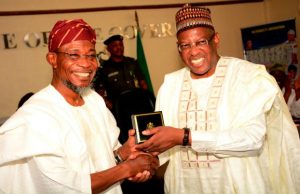 Photo: UBEC Team Visits Aregbesola In Osogbo Ogbeni Rauf Aregbesola, right, presenting souvenir to the Executive Secretary, Universal Basic Education Commission, (UBEC), Dr. Hammid Bobboyi, during the visit…
