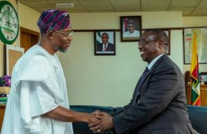 Photo: Quest For Business Opportunities Takes Aregbesola To NNPC Headquarters Governor Rauf Aregbesola of the State of Osun, exchanging pleasantries with the General Managing Director of NNPC, Dr Maikanti Baru, during the visit at the NNPC Towers in Abuja…