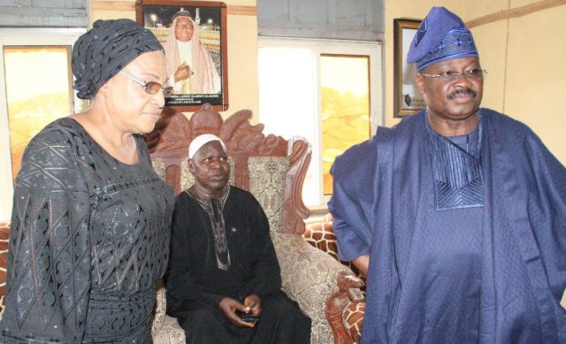 L-R: Wife of Oyo State Governor, Chief Florence Ajimobi; Arowooje of Lanlate, Oba Lateef Olagoke; and the Governor, Senator Abiola Ajimobi, when the governor led the State Executive Council and Assembly members on a condolence visit to Lanlate, the country home of the late Speaker of the House of Assembly, Rt. Hon. Michael Adeyemo... on Saturday…