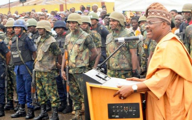 Governor Abiola Ajimobi of Oyo State, right, addressing the joint patrol team...recently..