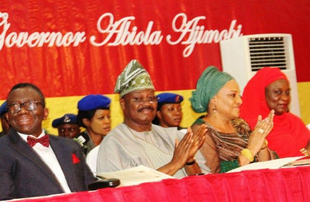 L-R: Minister of Health, Prof. Isaac Adewole; Oyo State Governor, Senator Abiola Ajimobi; his wife, Florence; and wife of Niger State Governor, Dr. Amina Bello, at the launching of the state's Cancer Control Strategic Plan 2018-2022, in Ibadan... on Tuesday…
