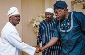 Demise Of Speaker: Southwest Assembly Speakers Visit Ajimobi L-R: Oyo State Governor, Senator Abiola Ajimobi; Speaker, Osun State House of Assembly, Rt. Hon. Najeem Salaam; and Speaker, Ondo State House of Assembly, Rt. Hon. Bamidele Oleyelogun, during the condolence visit...