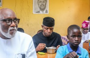 Buhari’s Government Promises Provision Of Better Future For Children L-R: Governor Oluwarotimi Akeredolu, Vice President Yemi Osinbajo and one of the pupils...