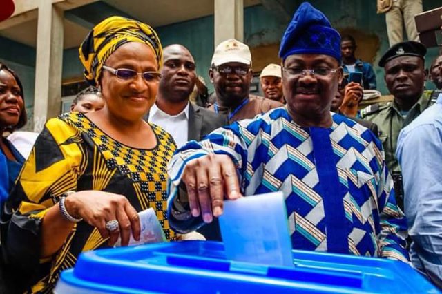 Governor Abiola Ajimobi and his wife casting their votes...