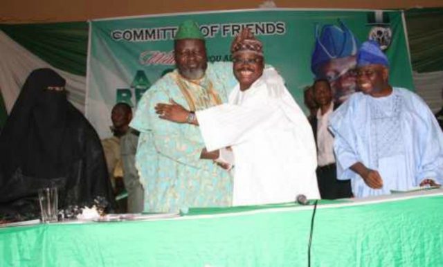 Barrister Adebayo Shittu and Governor Abiola Ajimobi...embracing one another...any lost love at any time?
