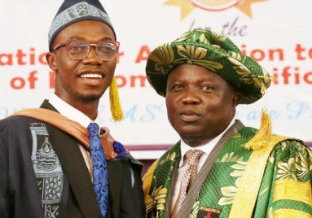 Governor Akinwunmi Ambode, right, with the overall best graduating student of Lagos State University (LASU), Ogunsanya Fuhad Adetoro...