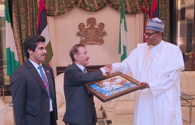 President Muhammadu Buhari, right, with the Outgoing Ambassador of United Arab Emirate to Nigeria, Mohammed Mahmood Al Mahmood…