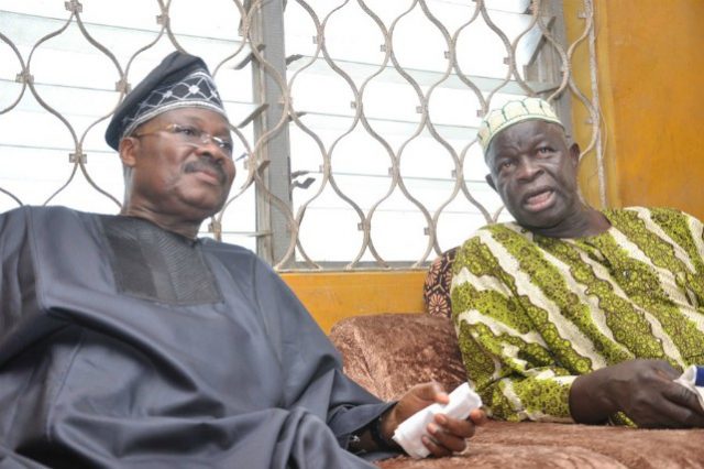 Governor Abiola Ajimobi of Oyo State, left, with Pa Adeyemo, the father of Speaker Michael Adeyemo who died at 47...