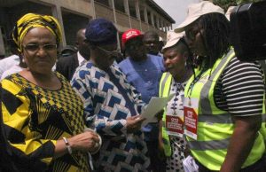 Oyo LG Poll: APC Sweeps All As Ajimobi Tells Winners To Be Magnanimous In Victory L-R: Mrs Florence Ajimobi, Governor Abiola Ajimobi and Chief Adebayo Adelabu, a frontline guber-aspirant in Oyo APC with OYSIEC officials during Saturday's LG Poll in Oyo State...