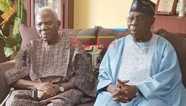 Ex-President Olusegun Obasanjo, right, with Pa Reuben Fasoranti...during the visit...