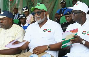 Partisanship Accusation: What Governor Akeredolu Told Members Of TUC – Yemi Olowolabi, Ondo’s Information Commissioner Governor Oluwarotimi Akeredolu, middle, at the May Day event in Akure on Tuesday...
