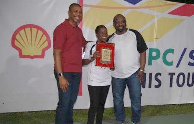 L-R: Chairman Tennis Section of Ikoyi Club, Mr. Abimbola Okubena; Company Secretary, Shell Nigeria Exploration and Production Company (SNEPCo), Mrs. Nike Olafimihan; and Deepwater Business Opportunity Manager of SNEPCo, Mr. Olaposi Fadahunsi, at the finals of the 2018 Ikoyi club tennis tournament sponsored by NNPC/SNEPCo...over the weekend…